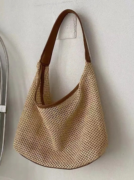Woven Straw Handbag with Leather Strap Simply Love