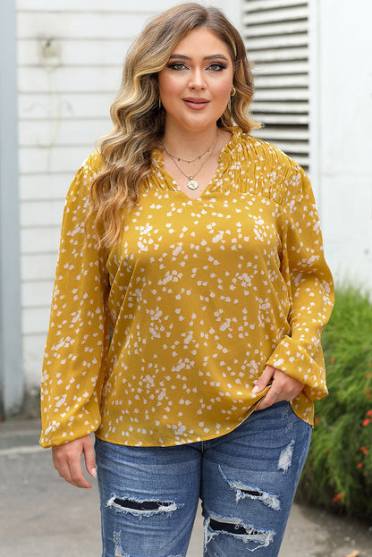 Floral elegance: Yellow plus size blouse with ruched details