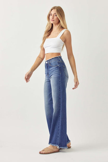 RISEN High Waist Raw Hem Wide Leg Jeans.