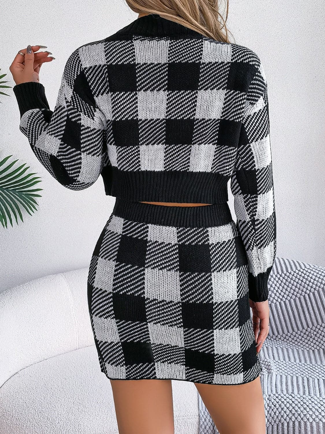 Plaid Round Neck Top and Skirt Sweater Set.