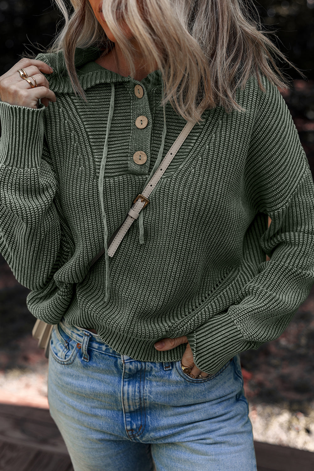 Mist Green Mineral Wash Ribbed Knit Hooded Sweater