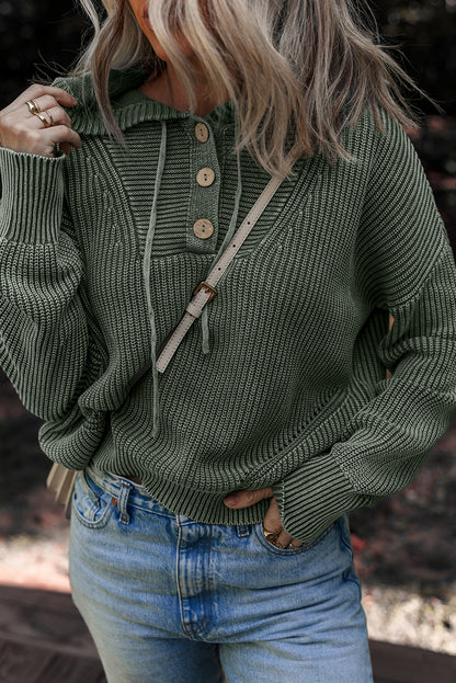 Mist Green Mineral Wash Ribbed Knit Hooded Sweater