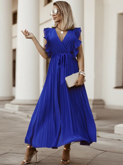 Tied Surplice Cap Sleeve Pleated Dress.