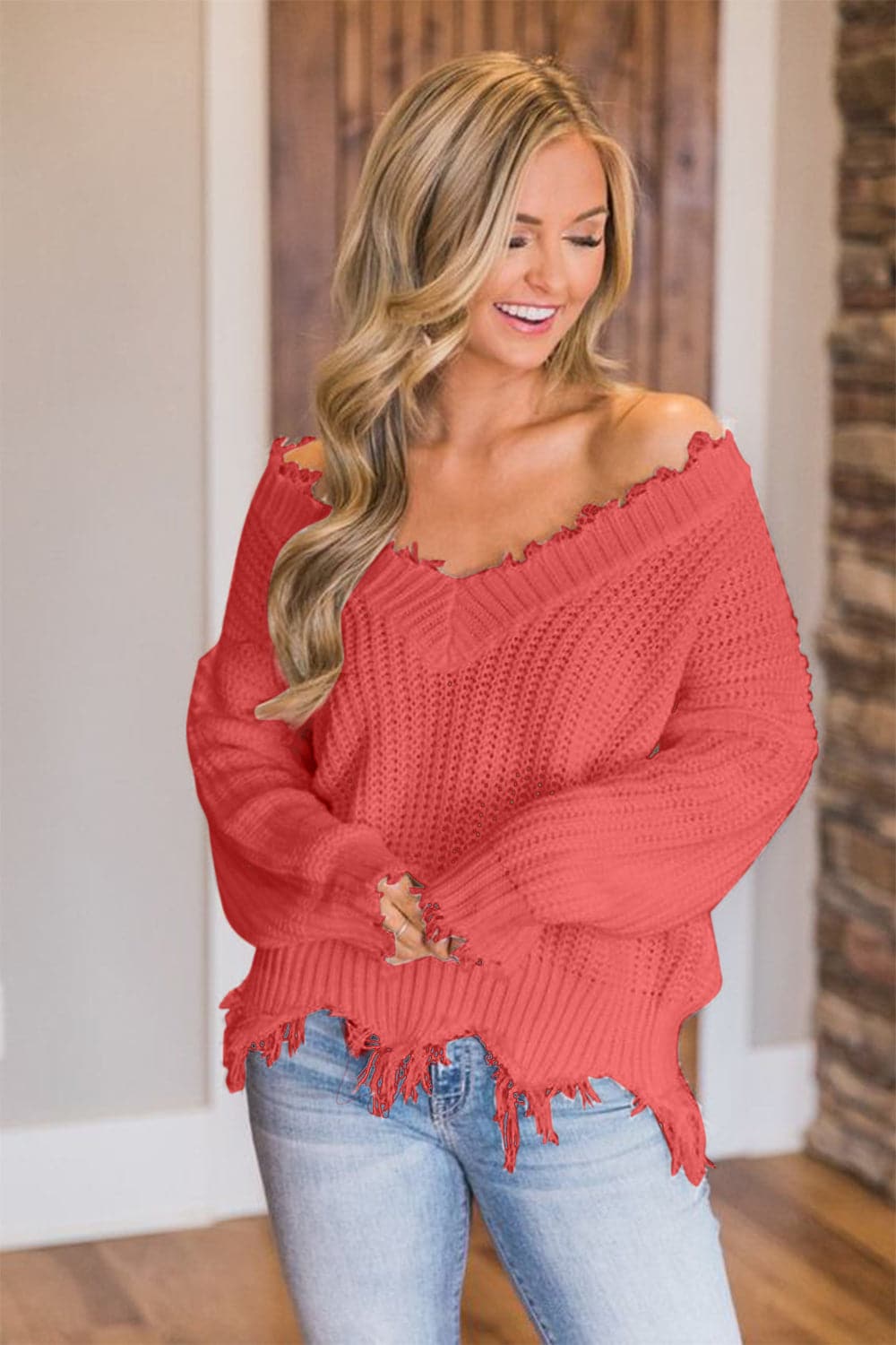 Frayed Hem Dropped Shoulder Sweater.