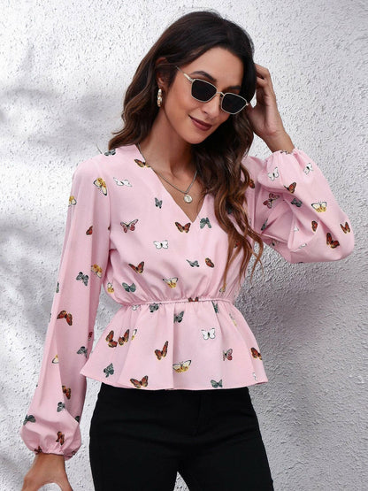 Butterfly V-Neck Balloon Sleeve Peplum BlouseElevate Your Style with our Butterfly V-Neck Blouse
 
 
Chic and Feminine: Embrace your elegance with the butterfly design and V-neckline.
 
Statement Balloon SleeveLove Salve -Neck Balloon Sleeve Peplum BlouseBlouses