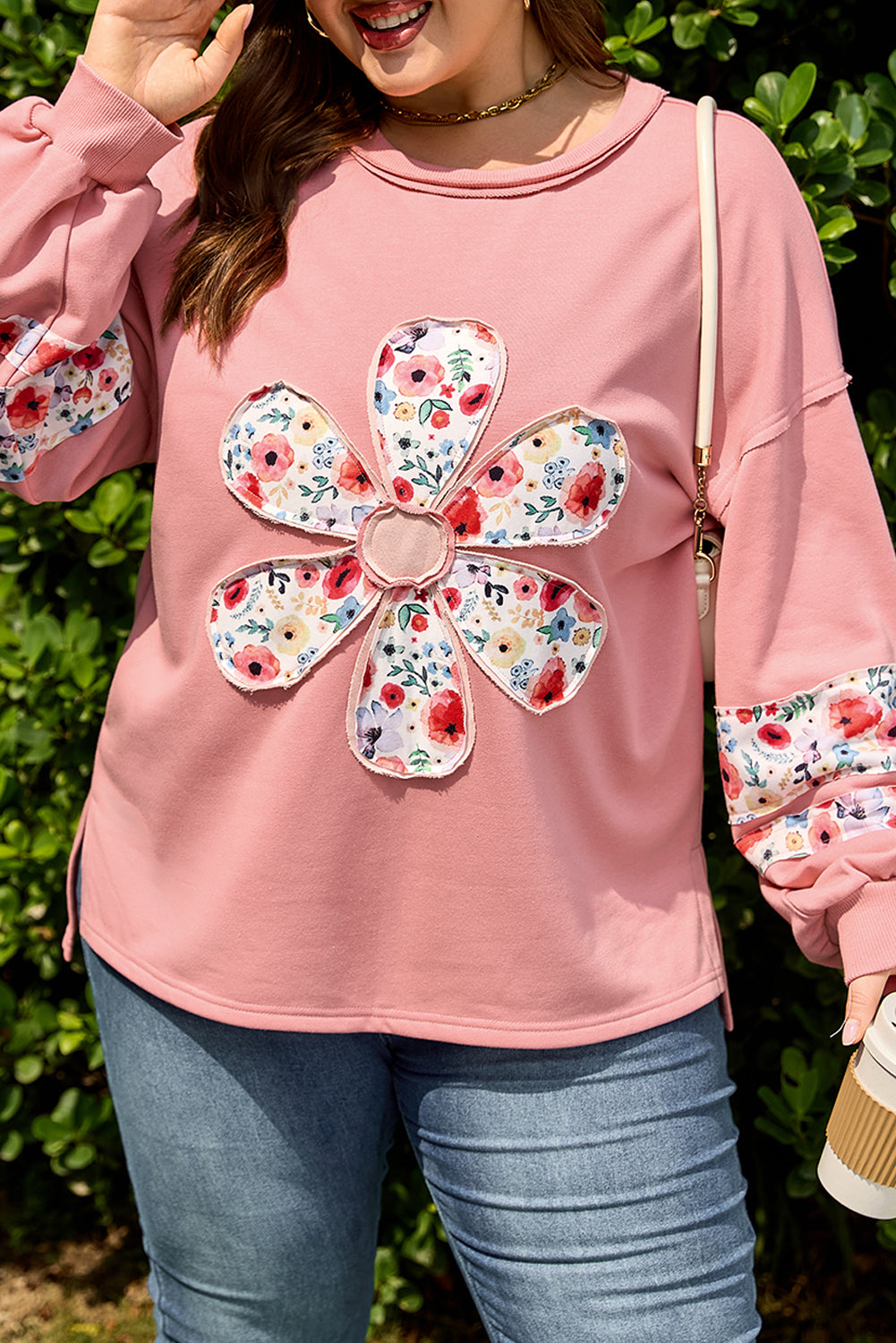 Peach Blossom Plus Size Floral Applique Sweatshirt Top Dear-Lover Dropshipping