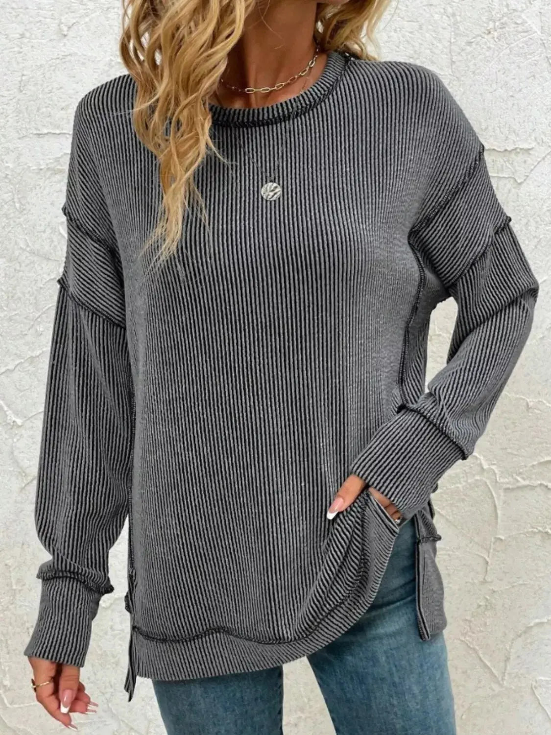 Side Slit Round Neck Sweatshirt Simply Love