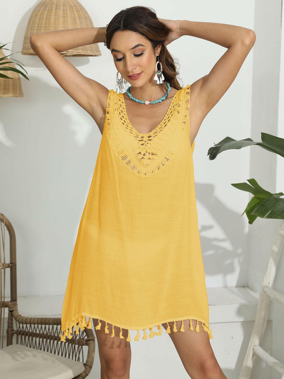 Tassel Scoop Neck Wide Strap Cover-Up.