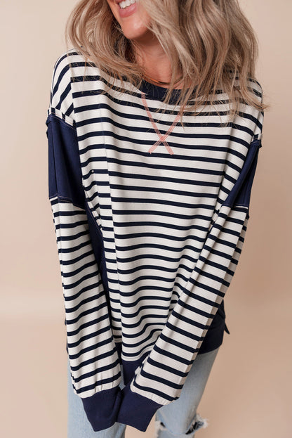 Chic white stripe color block loose fit sweatshirt with exposed seams