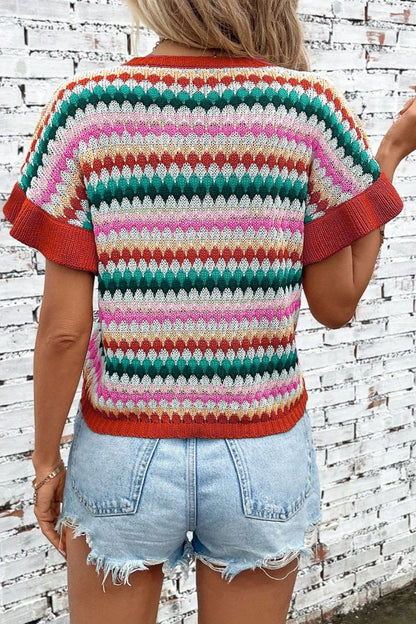 Striped Round Neck Short Sleeve Sweater.