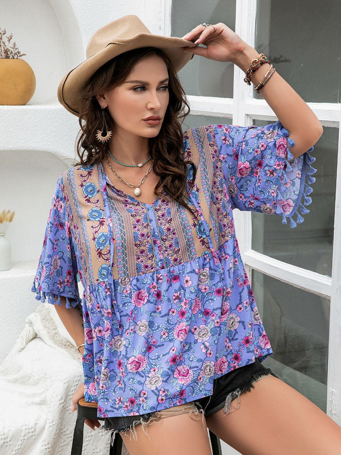 Plus Size Printed V-Neck Half Sleeve Blouse.