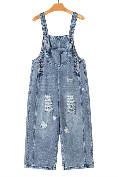 Stone Blue Distressed Bib Pocket Wide Leg Denim Overall