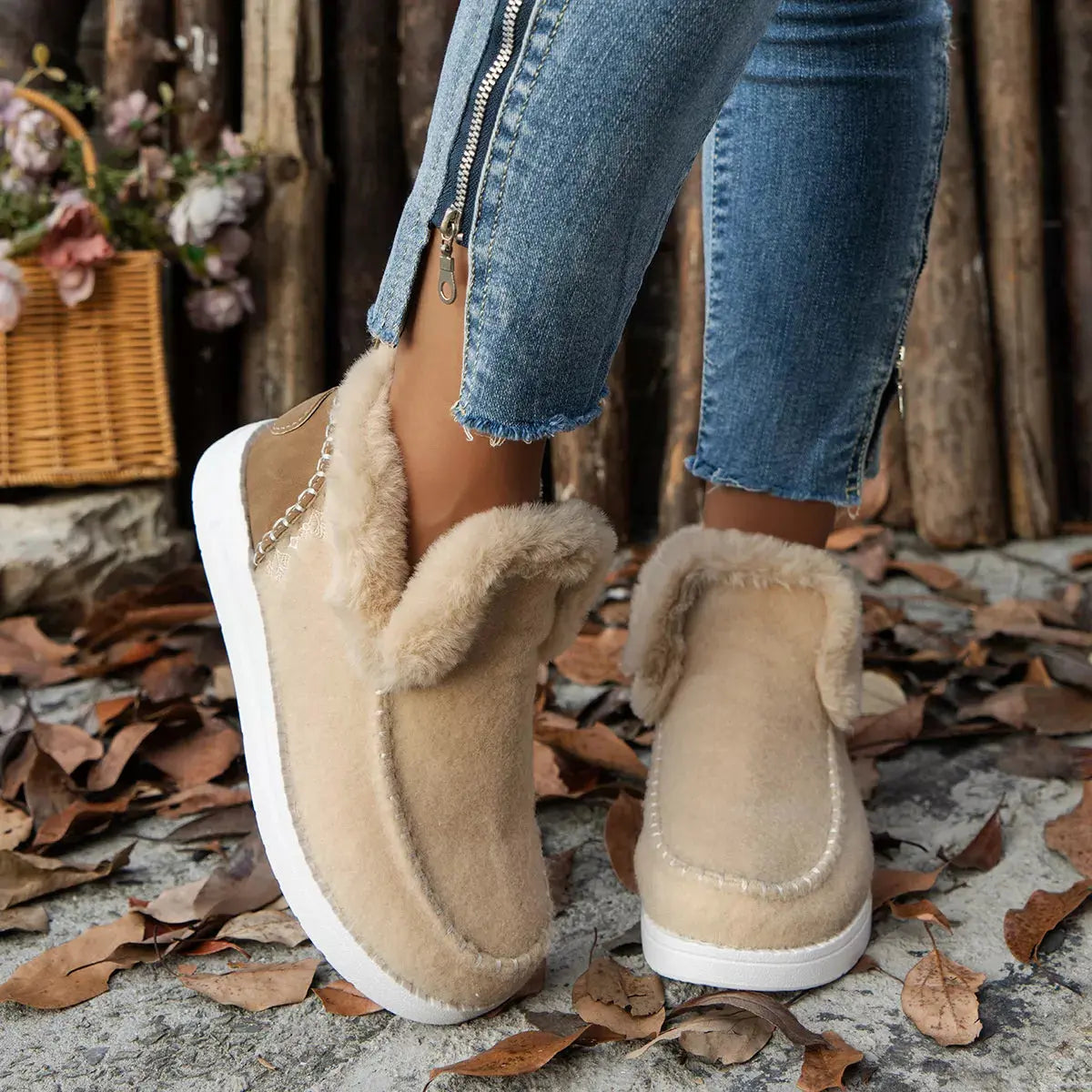 Cozy Fur Trimmed Slip Ons Suede And Rubber Flats Warm Winter Shoes Simply Love