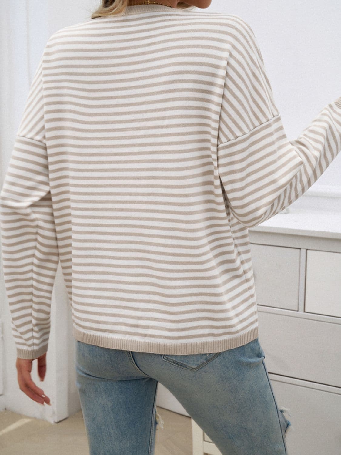 Striped Round Neck Dropped Shoulder Sweater.