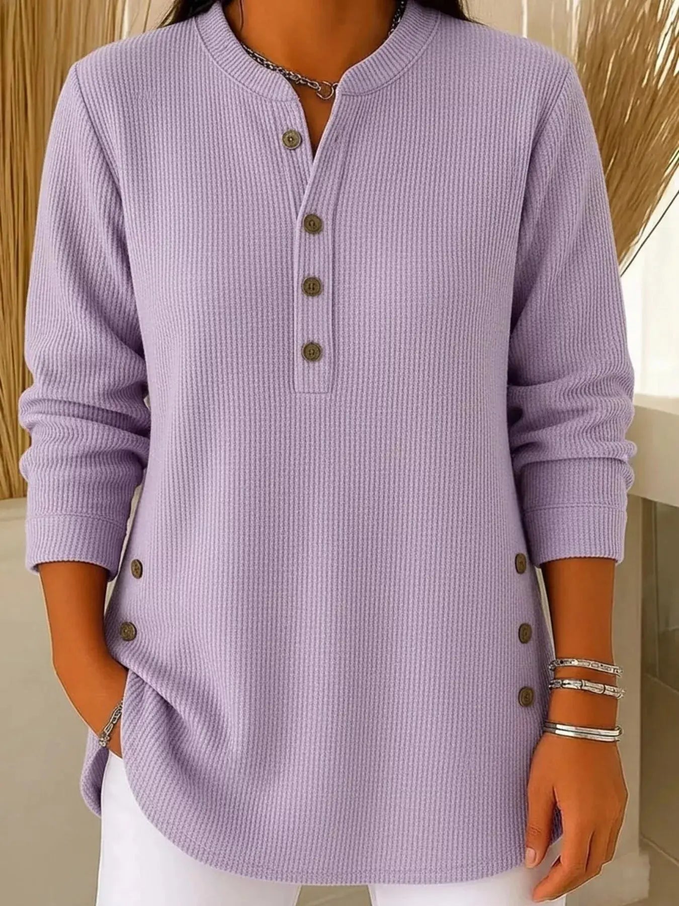 Full Size Ribbed Half Button Henley Top Plus Size Simply Love