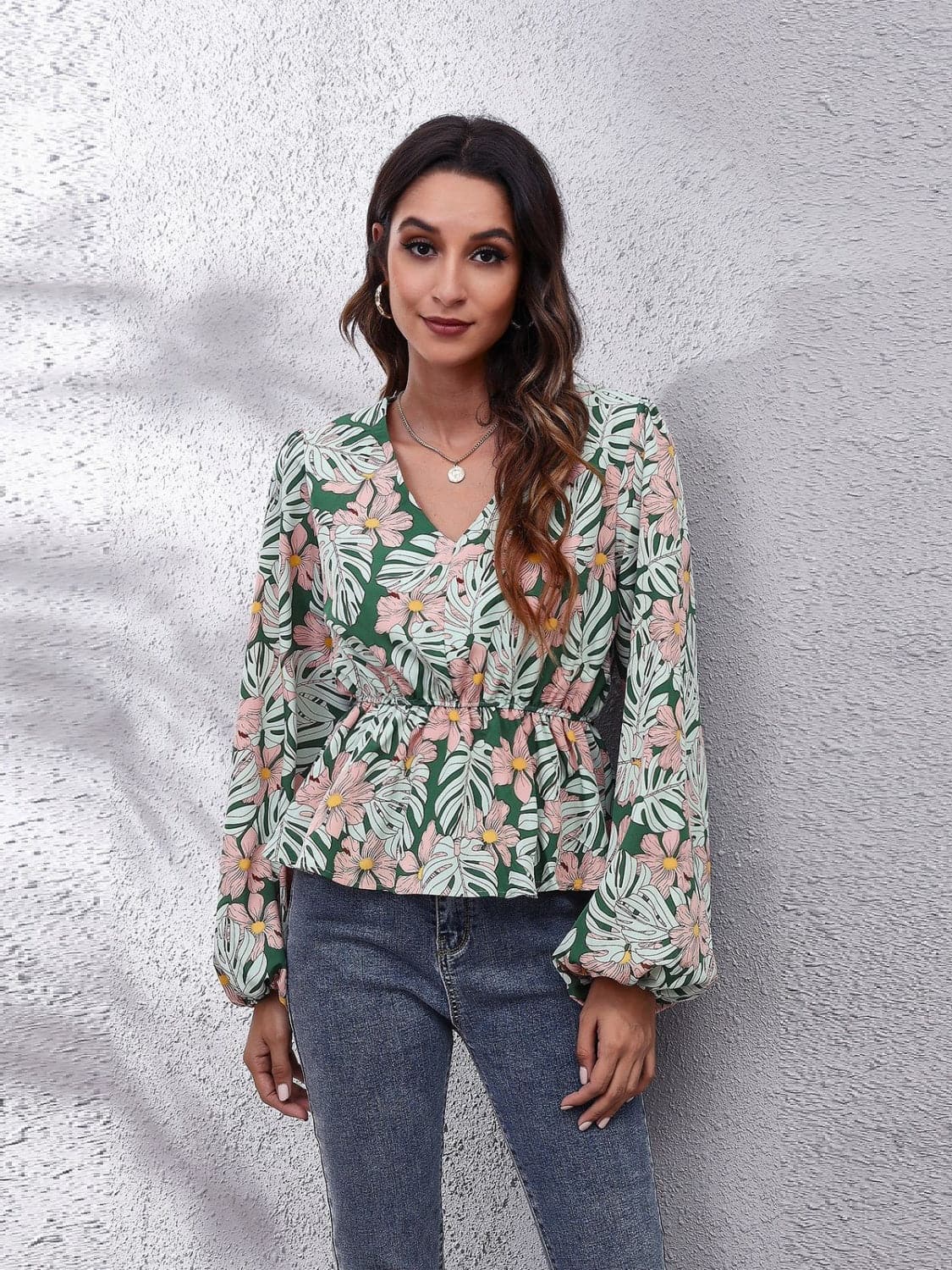 Ruched Printed V-Neck Long Sleeve Blouse.