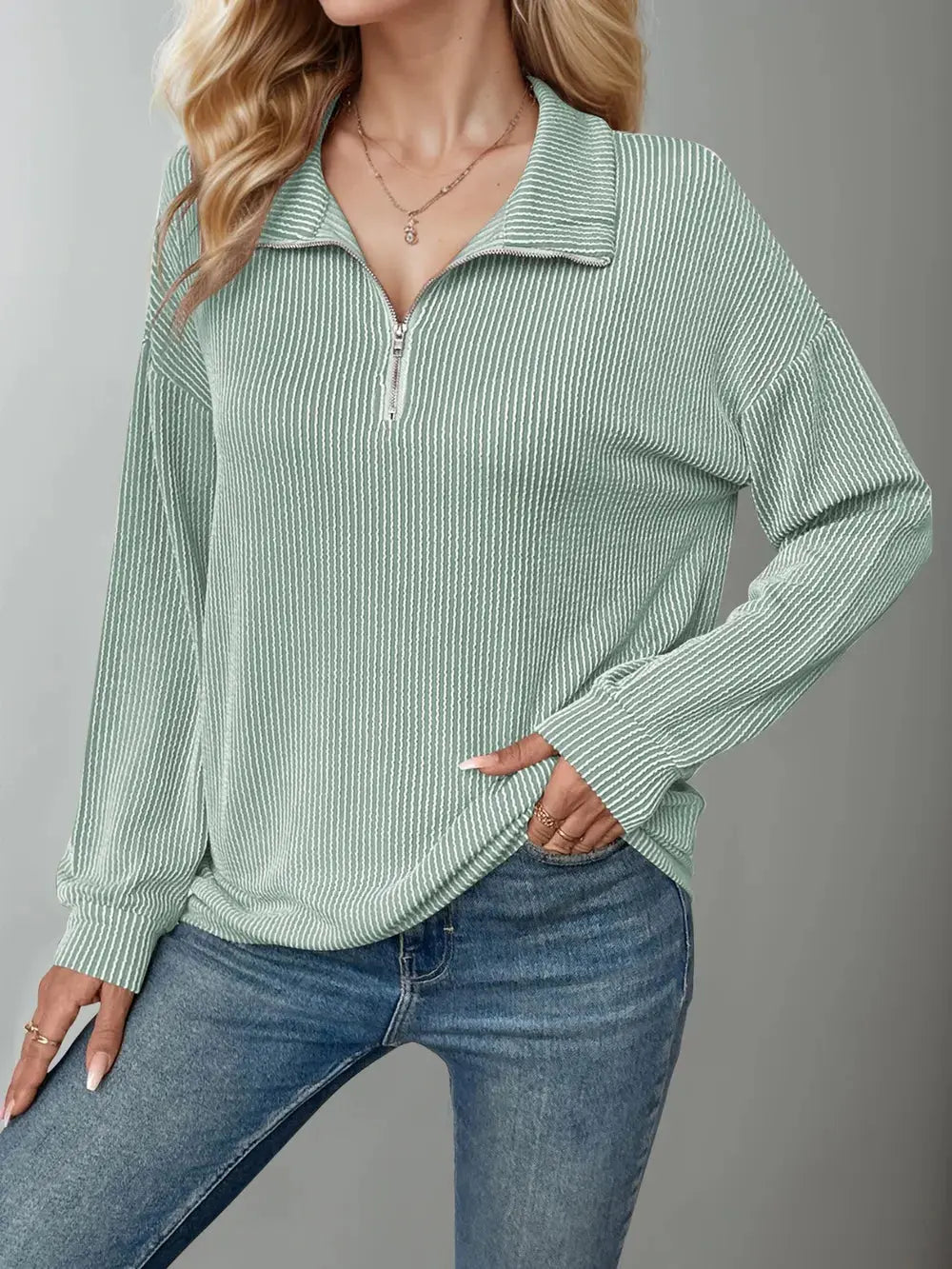 Double Take Striped Half Zip Long Sleeve T-Shirt - Love Salve