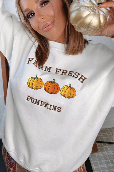 Premium White Farm Fresh Pumpkins Embroidered Holiday Sweatshirt
