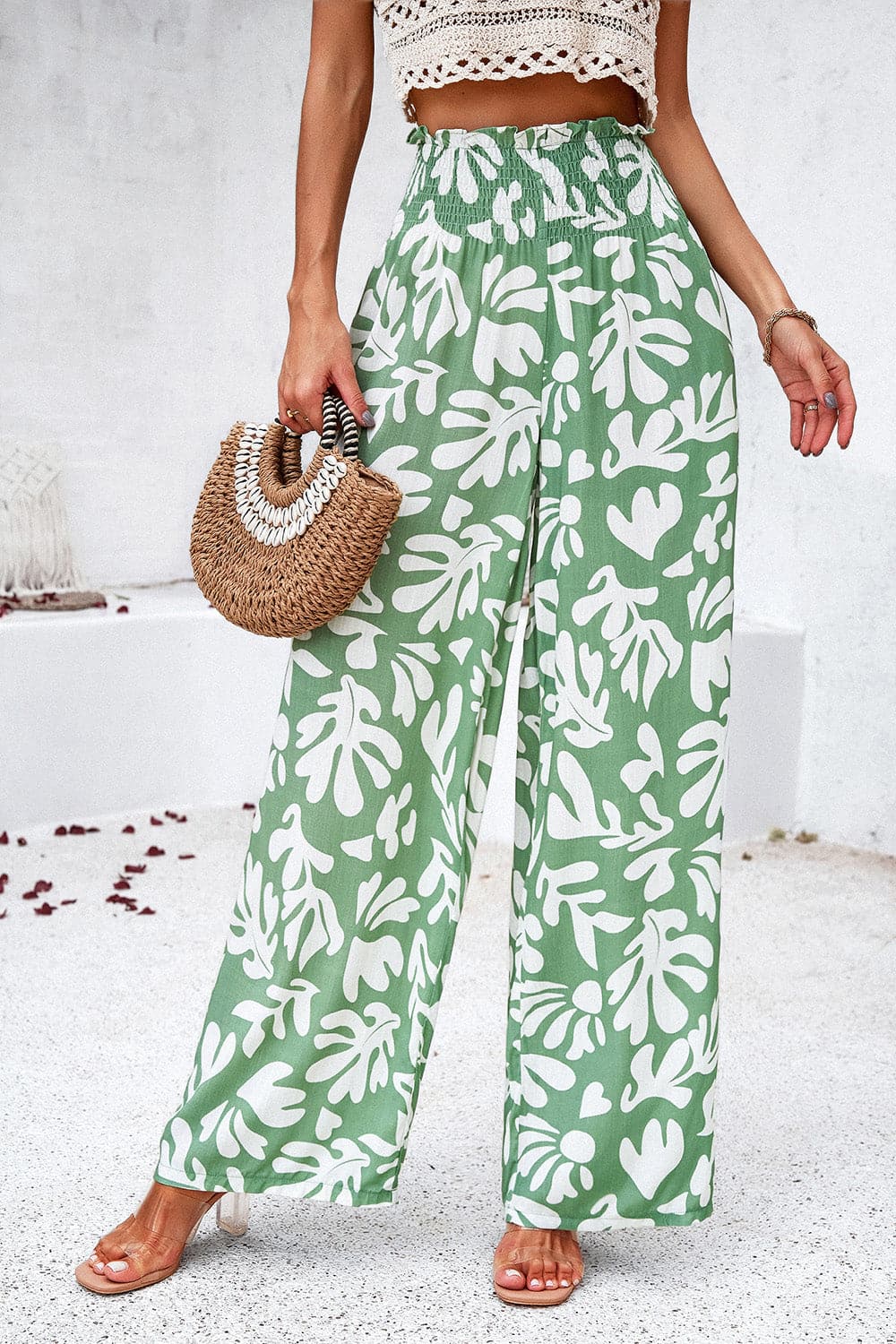 Smocked Printed Wide Leg Pants with Pockets.