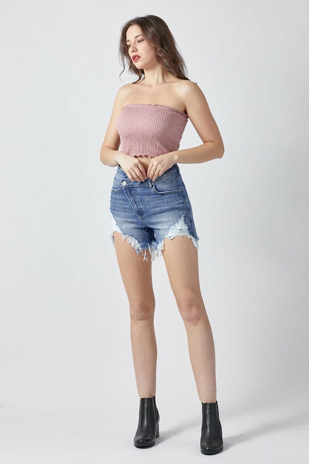 RISEN Raw Hem Asymmetrical Waist Denim Shorts.