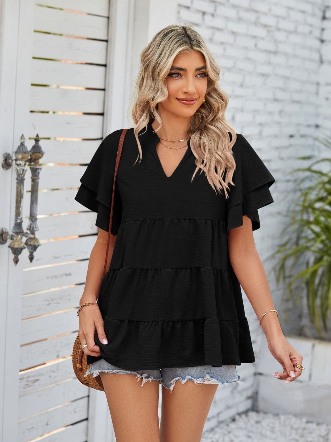 Tiered Notched Short Sleeve Blouse.