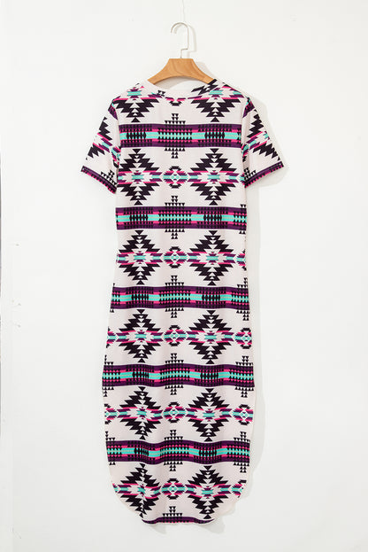 Beige Western Aztec Printed Long T-shirt Dress for Women