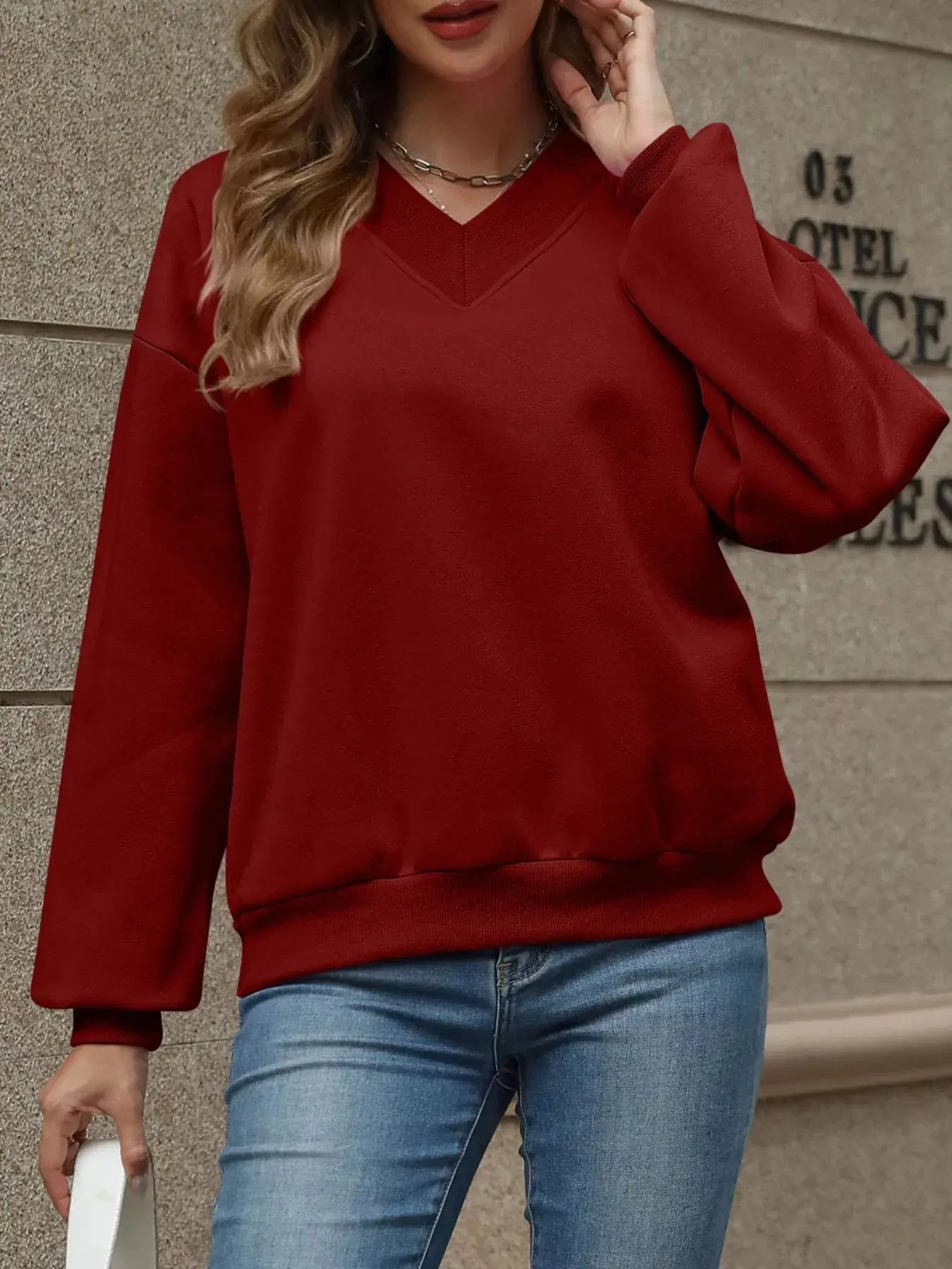 V-Neck Solid Color Casual Sweatshirt Simply Love