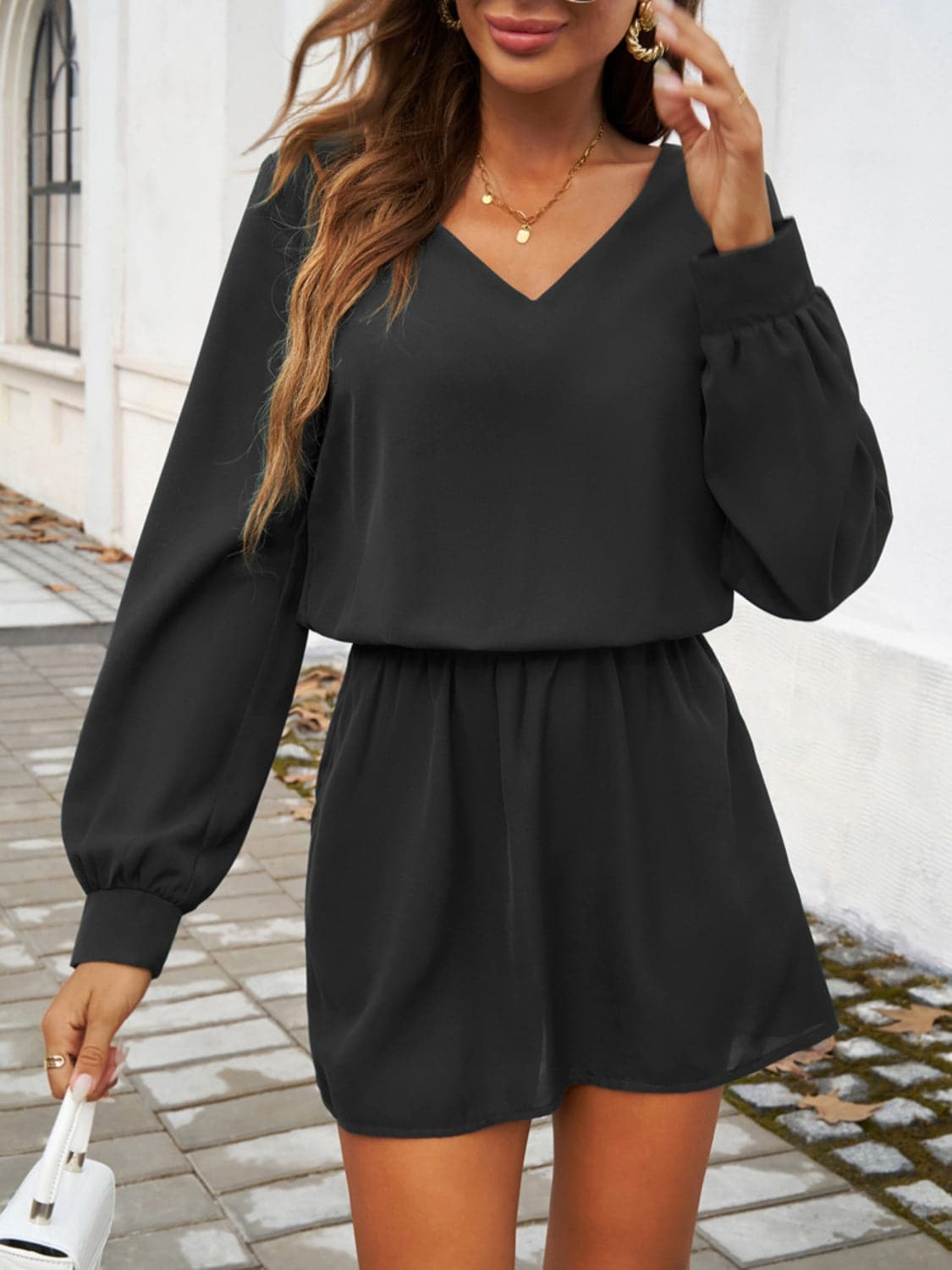 Cutout V-Neck Long Sleeve Mini Dress.