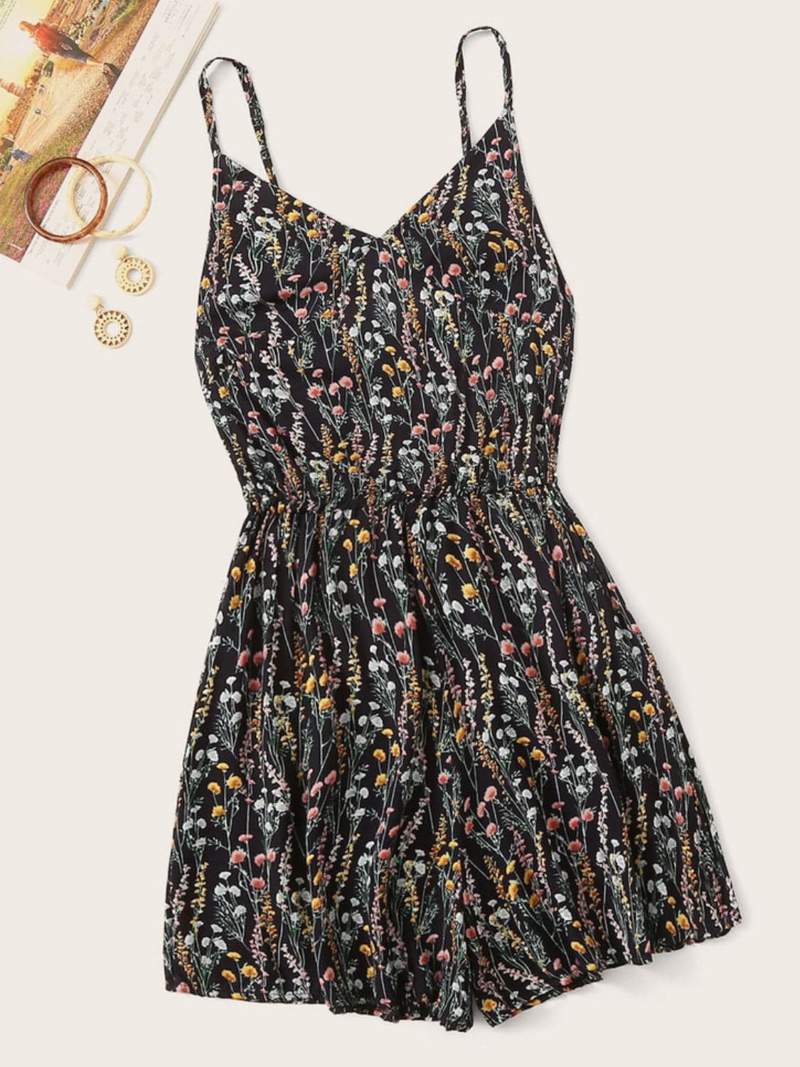 Printed V-Neck Spaghetti Strap Romper.