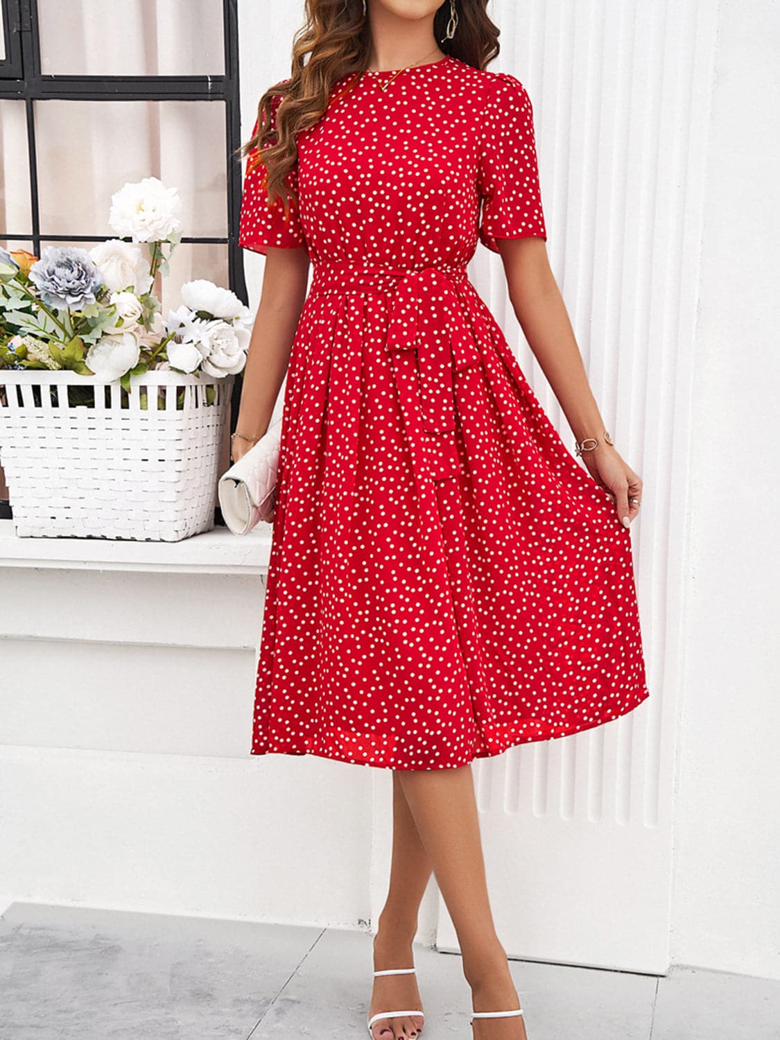 Printed Round Neck Short Sleeve Dress.