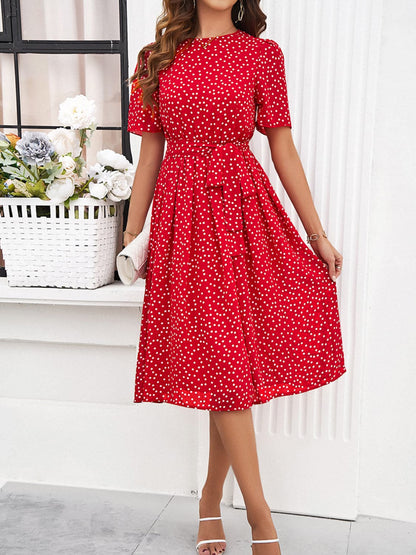 Printed Round Neck Short Sleeve Dress.