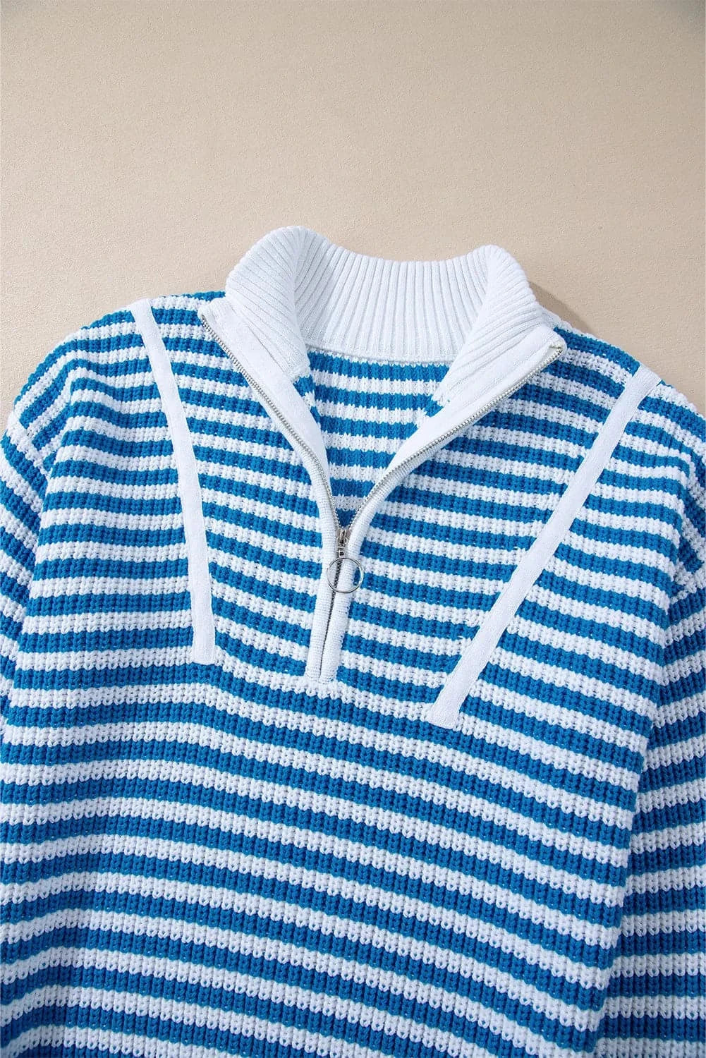 Striped Half Zip Long Sleeve Sweater.