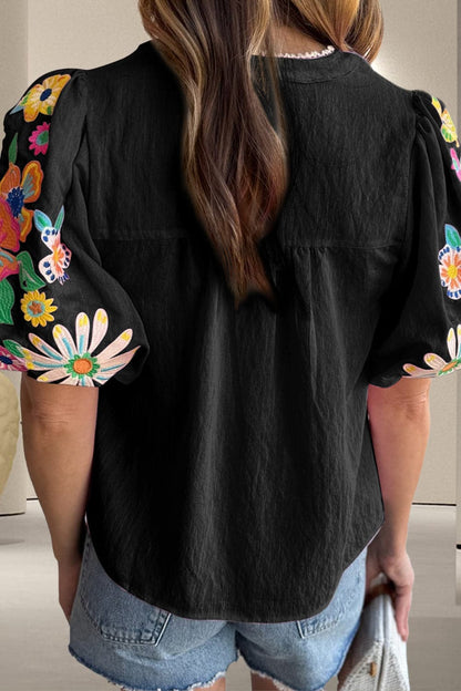 Embroidered Tie Neck Half Sleeve Blouse.