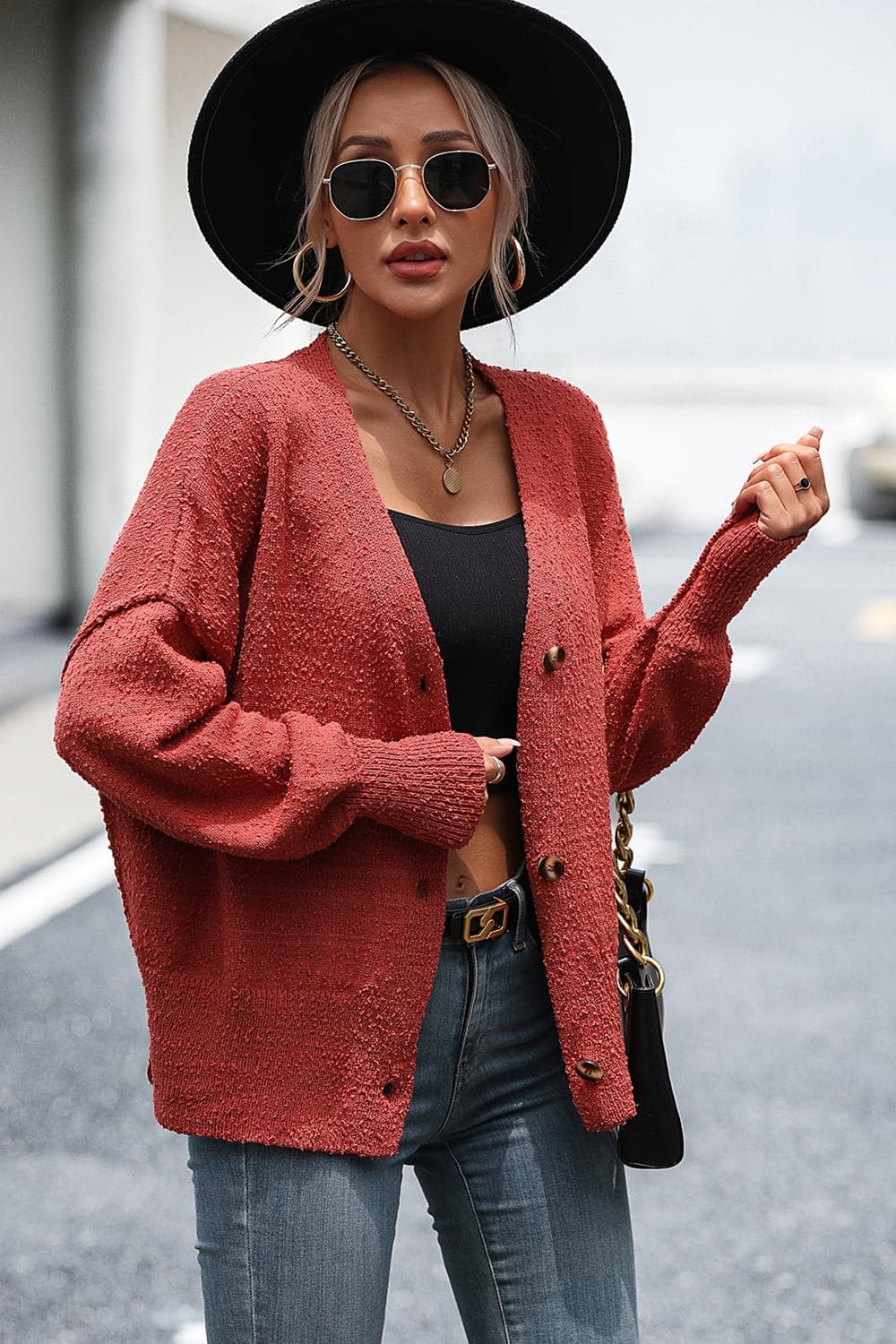 Button-Up Dropped Shoulder Cardigan.