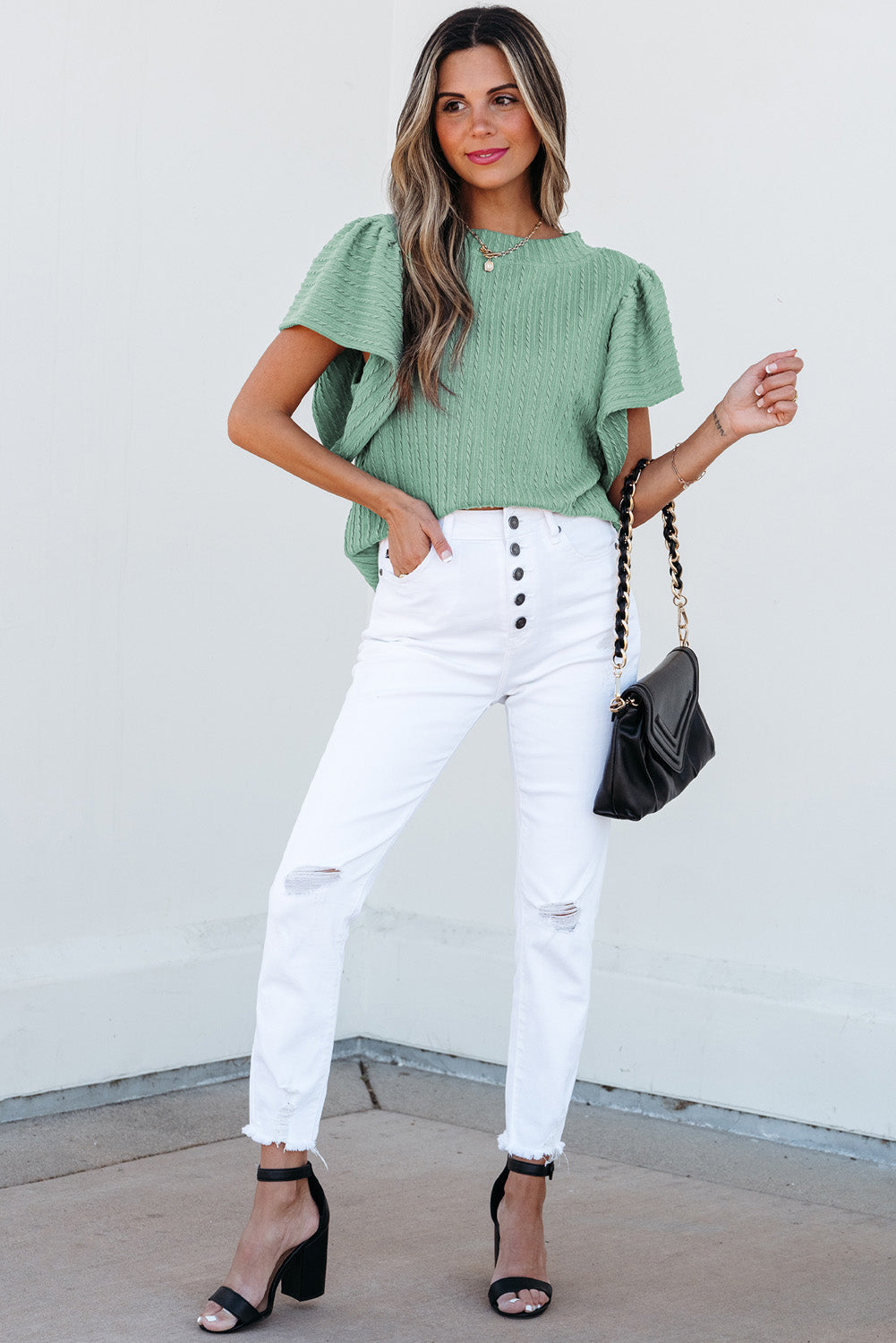 Moonlight Jade Solid Color Textured Flutter Sleeve Top for Women