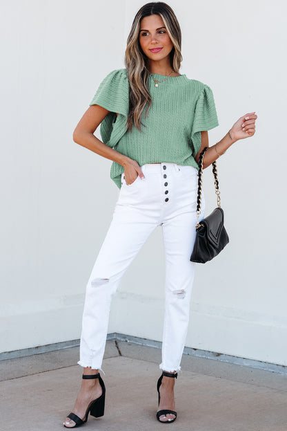 Moonlight Jade Solid Color Textured Flutter Sleeve Top for Women