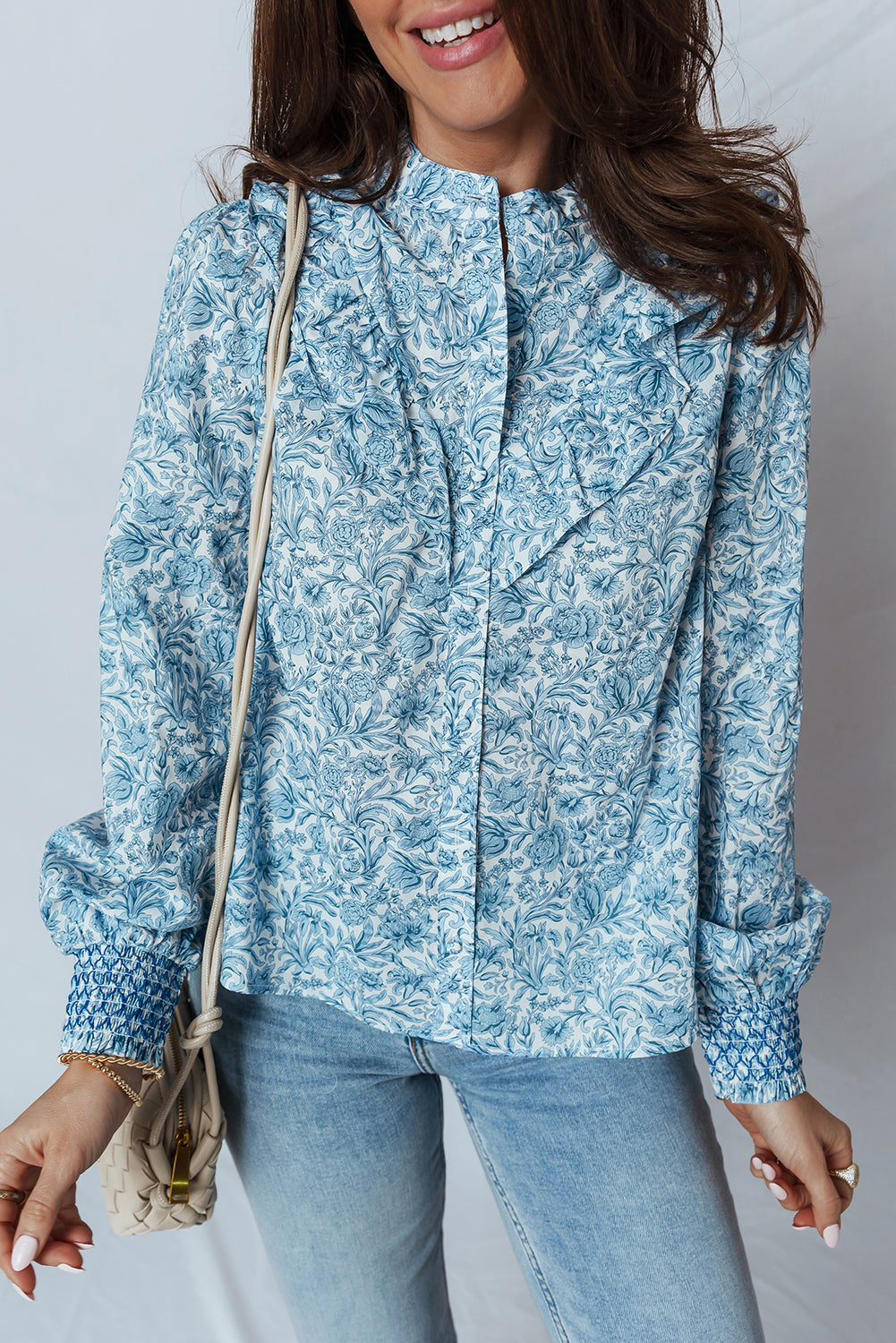 Premium Sky Blue All Over Floral Puff Sleeve Shirt For Women