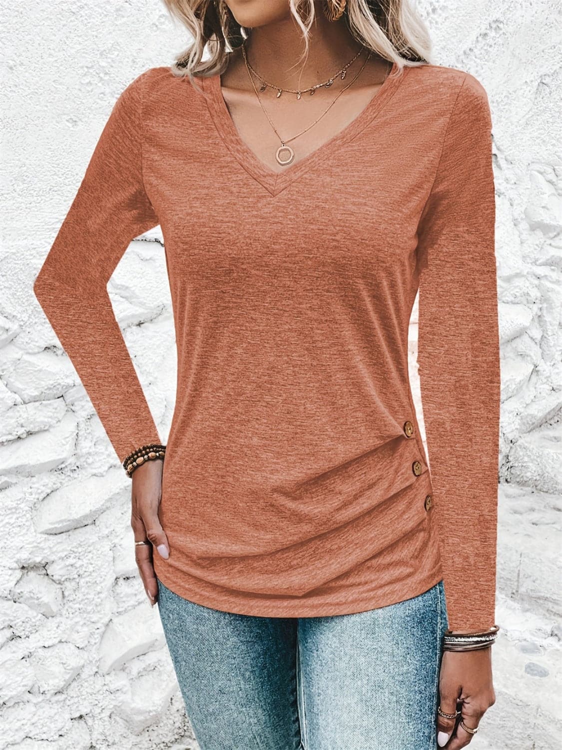 Versatile heathered v-neck long sleeve tee for ultimate comfort