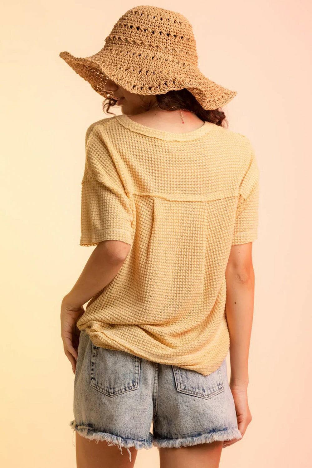 Waffle-Knit Notched Half Sleeve T-Shirt.