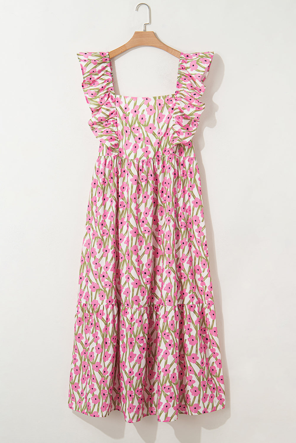 Plus Size Pink Floral Maxi Dress With Ruffle Trim And Square Neck High Waist Dear-Lover Dropshipping