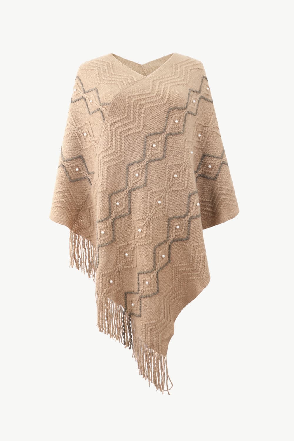 Pearl Trim V-Neck Fringe Hem Poncho.