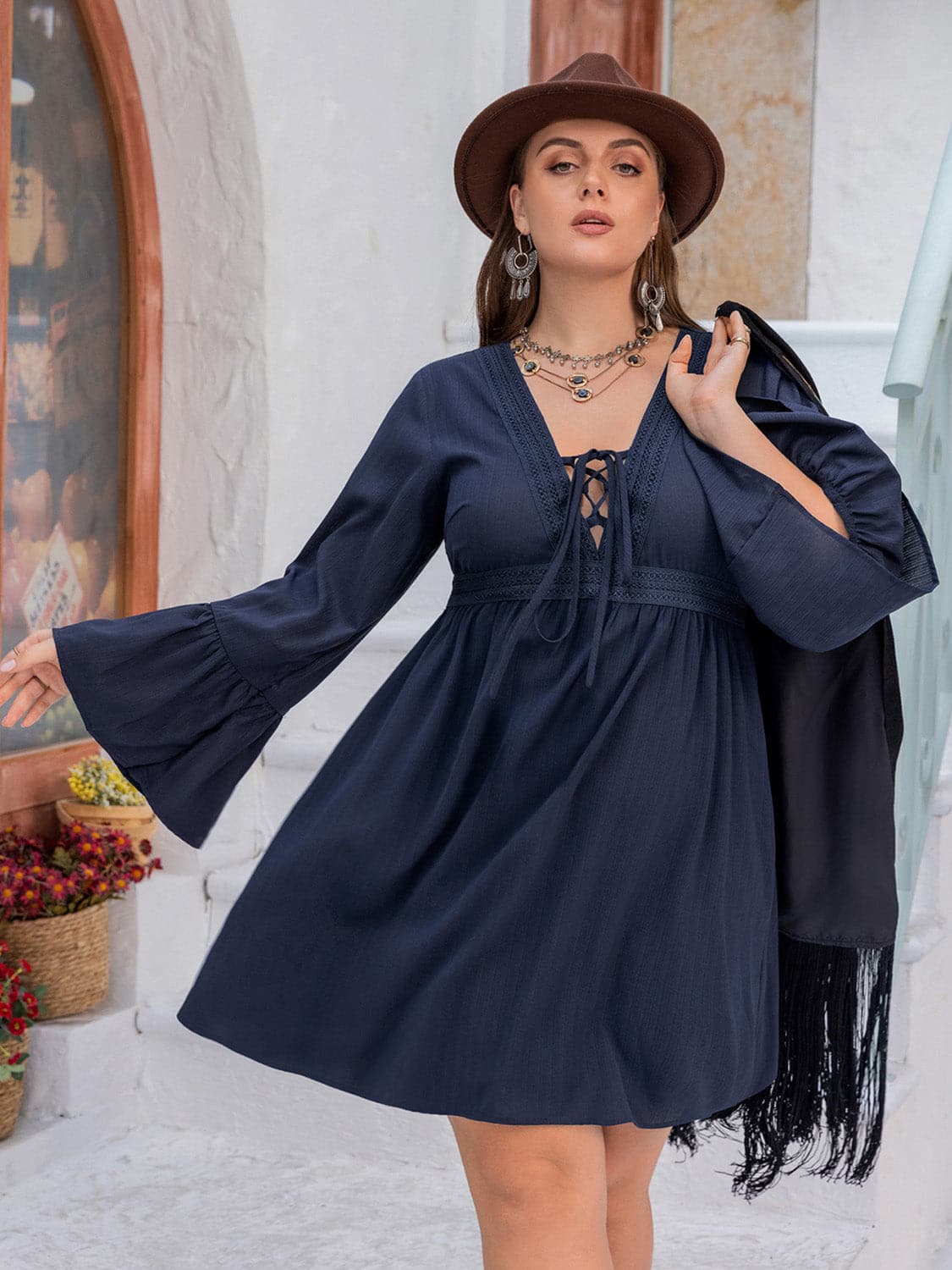 Plus Size Tie Front V-Neck Flare Sleeve Dress.