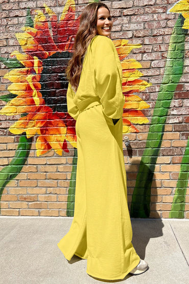 Yellow Cream Puff Sleeve Crop Top and Wide Leg Pants