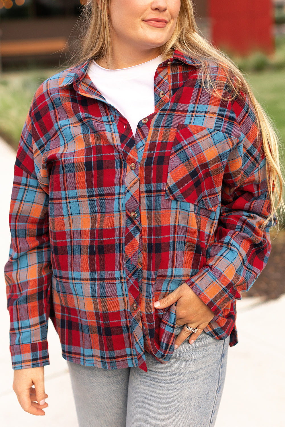 Red plaid plus size button-up shirt