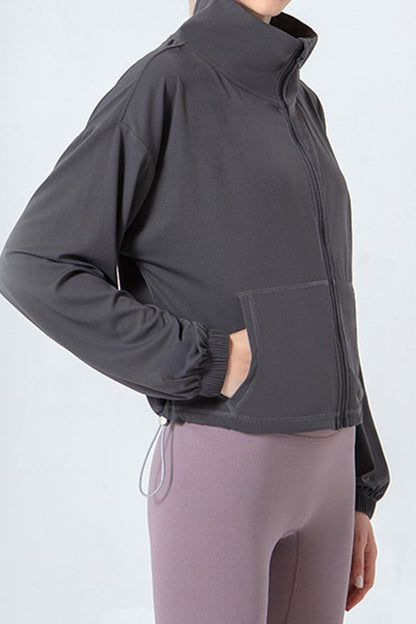 Drawstring Zip Up Dropped Shoulder Active Outerwear.