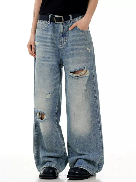 Men's Distressed Wide Leg Jeans 100 Percent Cotton Denim Simply Love