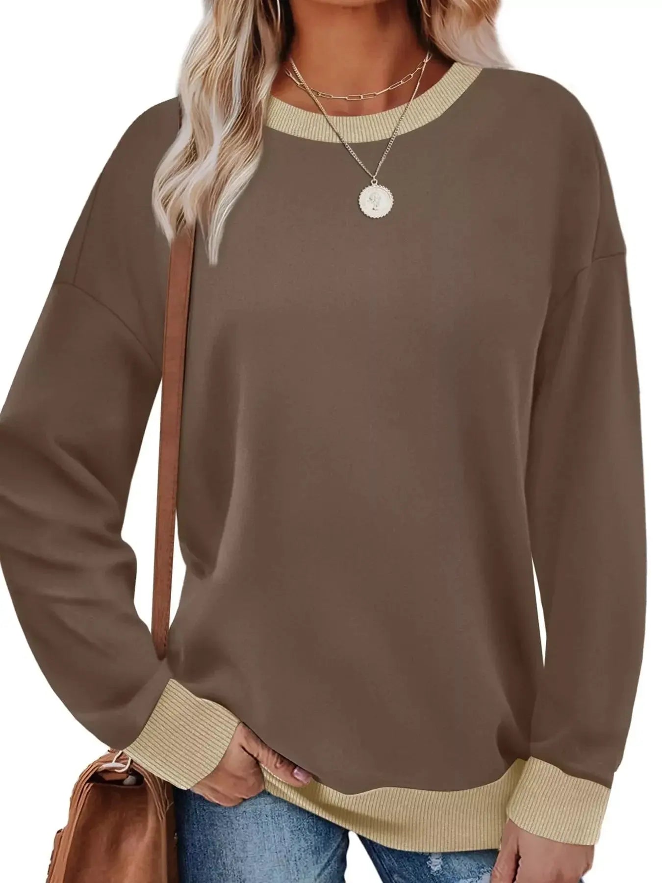 Contrast Trim Crew Neck Casual Sweatshirt Simply Love