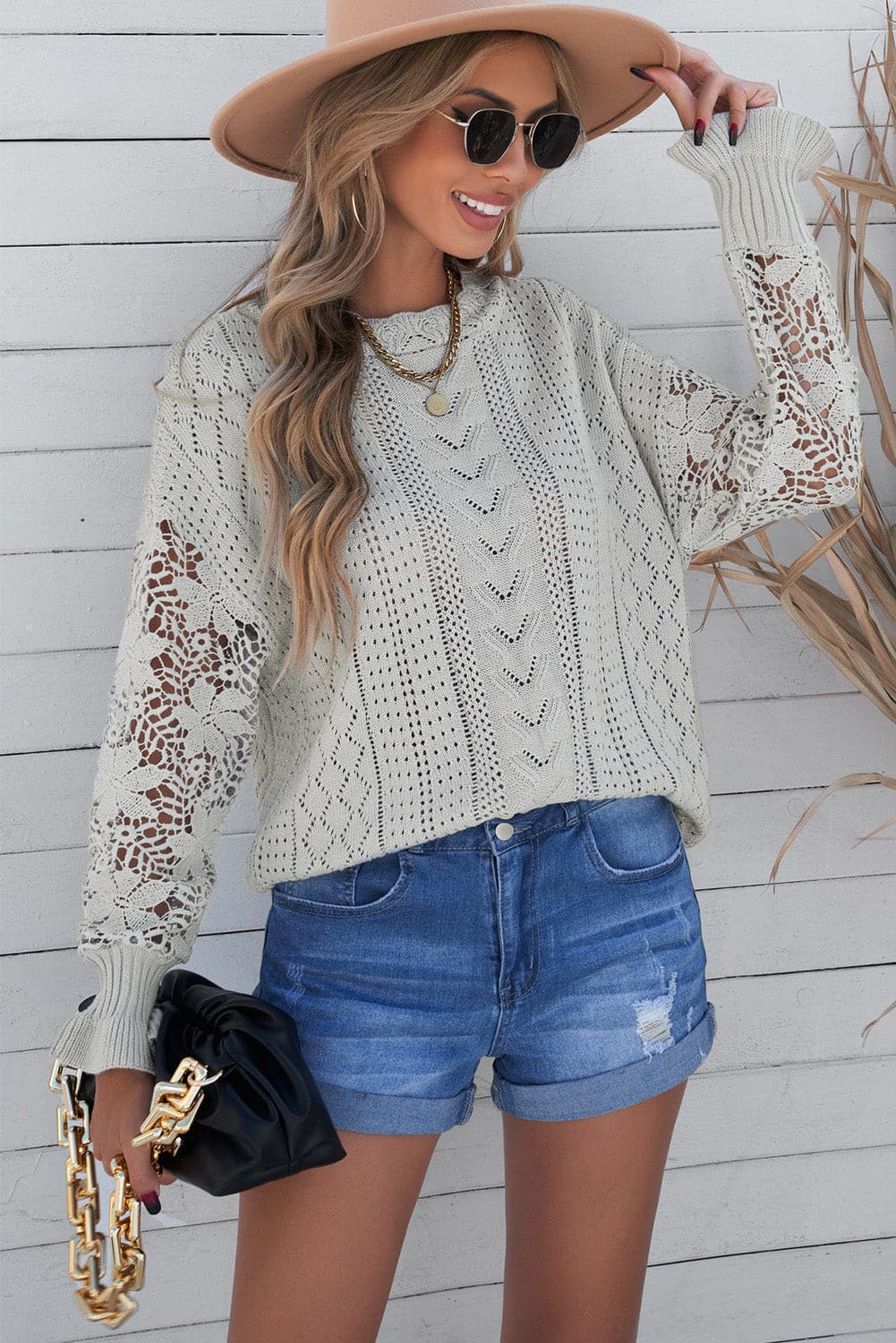 Openwork Lantern Sleeve Dropped Shoulder Sweater.