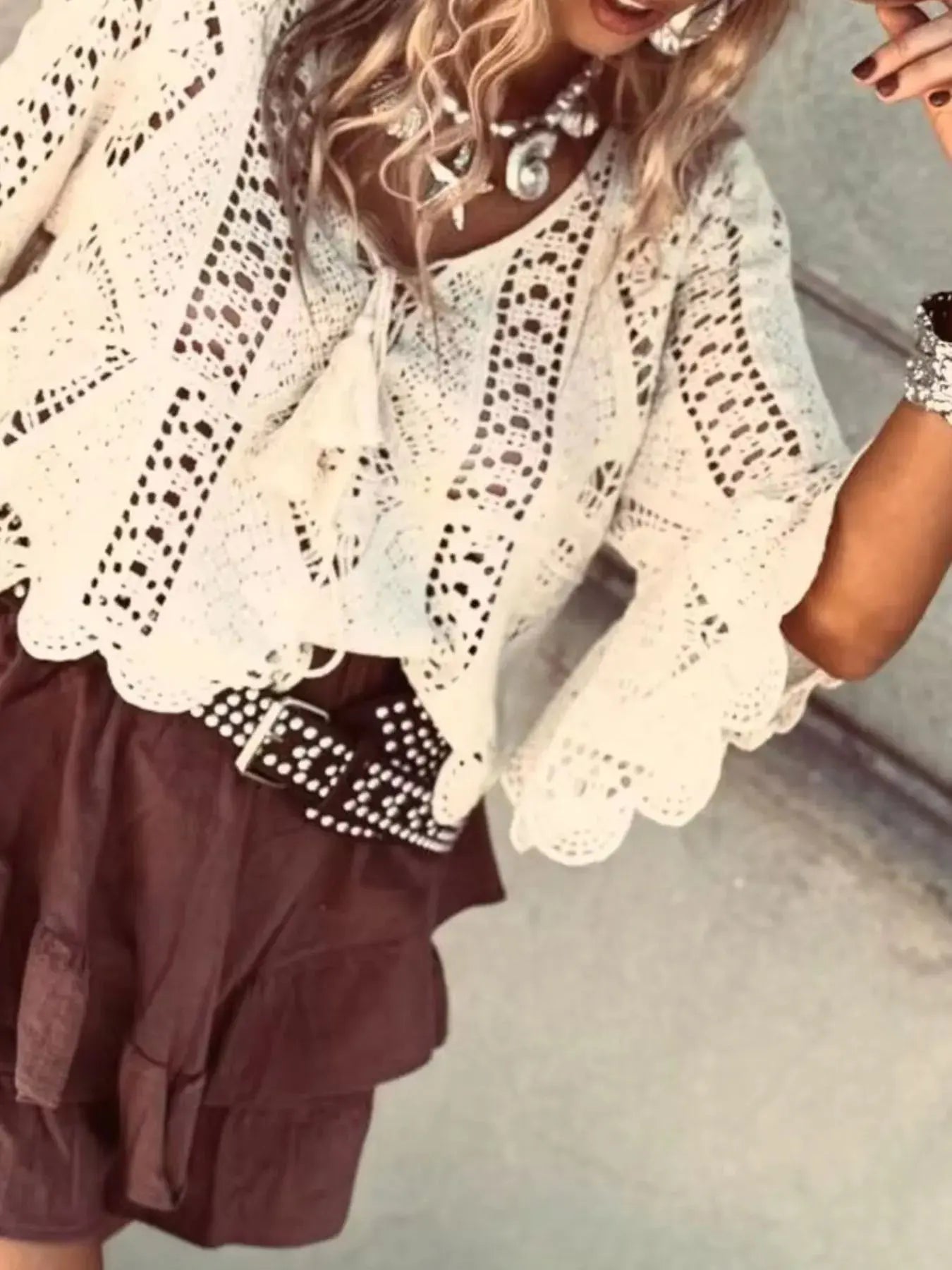 Tassel V-Neck Crochet Knit Top Simply Love