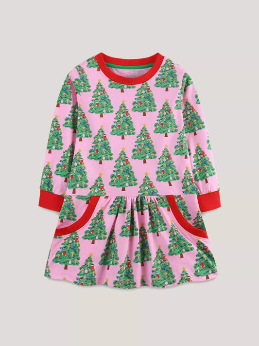 Children's Christmas Tree Print Long Sleeve Dress Simply Love